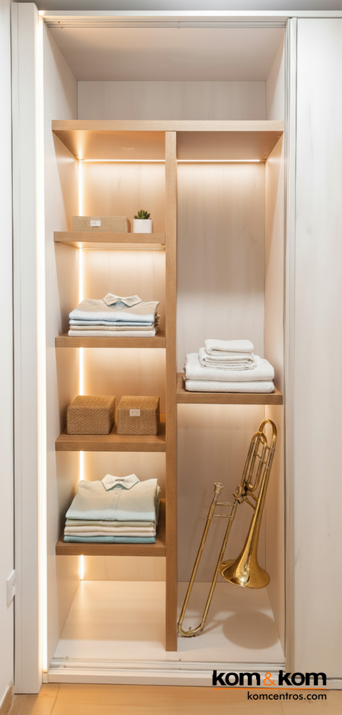 Armario ropero a medida de madera blanca con estantes de 4cm y luces LED c&aacute;lidas.